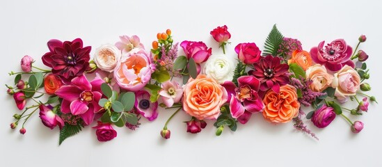 Flat lay top view of a floral arrangement with roses orchids and ranunculus flowers forming a frame on a white background creating a refreshing copy space image