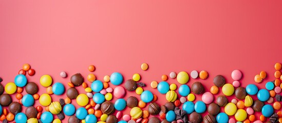 Obraz premium A colorful assortment of candy displayed on a colored background in a flat lay with a top view The image features a border of vibrant chocolate coated sweets. Copy space image