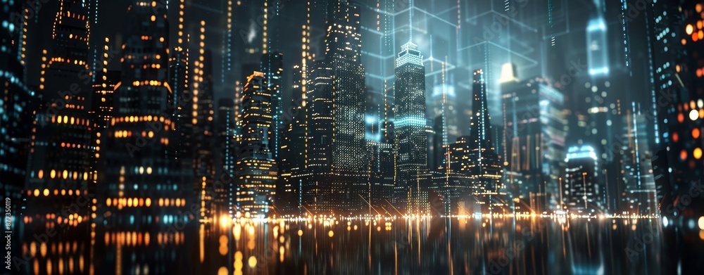 Poster various modern hi-tech skyscrapers with binary code in an abstract cityscape. backdrop of digital ur