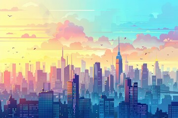 Fototapeta premium Vibrant Cityscape: Modern Minimalist Vector Artwork for Travel Advertising