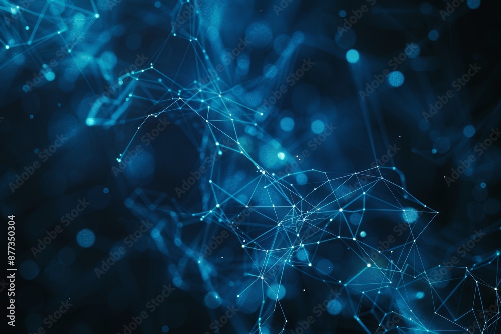 Poster the background is a blue abstract pattern with a network grid and particles connected. the image was
