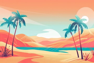Obraz premium Vibrant Desert Oasis Escape - Minimalist Illustration for Cover or Poster