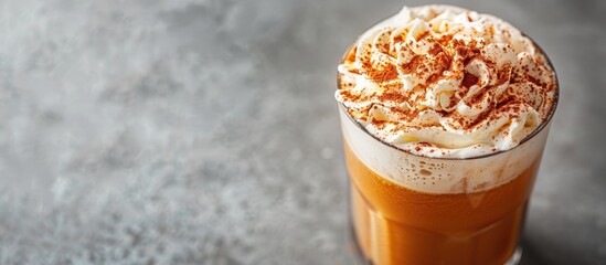 Close up photo of a spiced pumpkin latte topped with whipped cream in a boozy cocktail set against a grey background with ample copy space in the frame