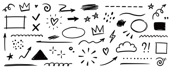Line shape marker underline, arrow, heart brush element set. Hand drawn sketch marker underline shape, arrow, heart scribble brush pen stroke element. Crown, love graphic icon. Vector illustration