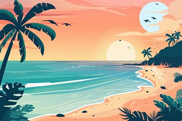 Obraz premium Serene Beach Sunset Vacation Illustration with Bright Colors and Clean Lines - Perfect for Covers and Posters