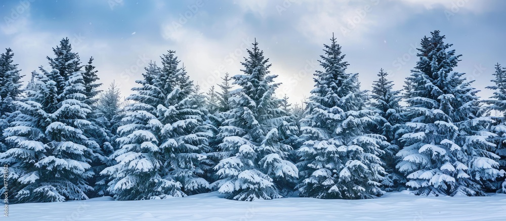 Canvas Prints Winter forest of snow covered pine trees in close up view with ample copy space image