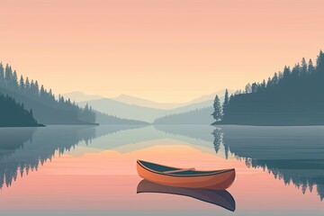 Obraz premium Tranquil Lake Retreat - Minimalist Vector Design with Canoe for Cover or Poster