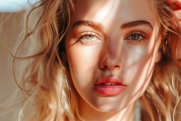 Fototapeta premium Portrait of a beautiful young woman with blonde hair and perfect skin enjoying the warm sunlight on her face