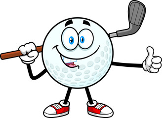 Cute Golf Ball Cartoon Character Giving The Thumbs Up. Vector Hand Drawn Illustration Isolated On Transparent Background