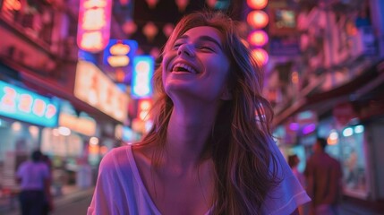 Obraz premium Happy woman in casual attire, standing against a backdrop of a vibrant cityscape with neon lights and bustling streets, capturing urban nightlife