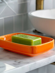 Green soap bar in orange soap dish on a marble bathroom counter.