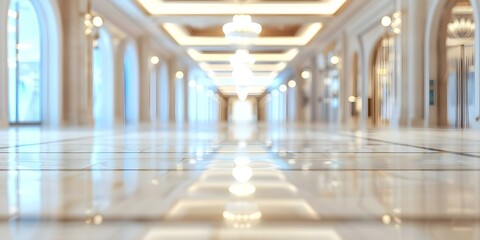 Naklejka premium Empty luxury shopping center with strong lights and blurred interior shot. Concept Luxury Shopping Center, Strong Lights, Blurred Interior Shot