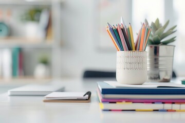 Organized workspace with colorful pencils, notebooks and a plant.