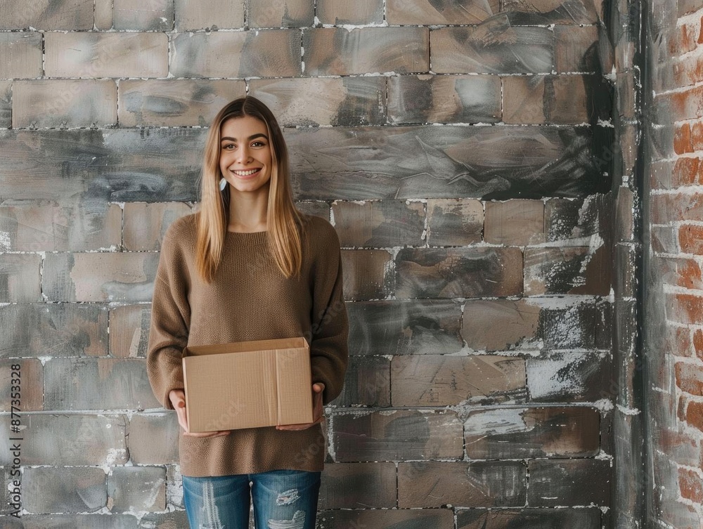 Wall mural Cheerful woman in casual attire, holding cardboard boxes, standing against a textured brick wall background, creating a blend of modern and rustic vibes