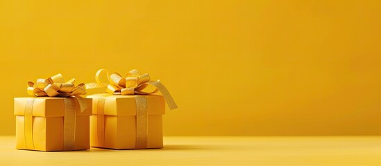 Two gift boxes positioned on a vibrant yellow backdrop with copy space image