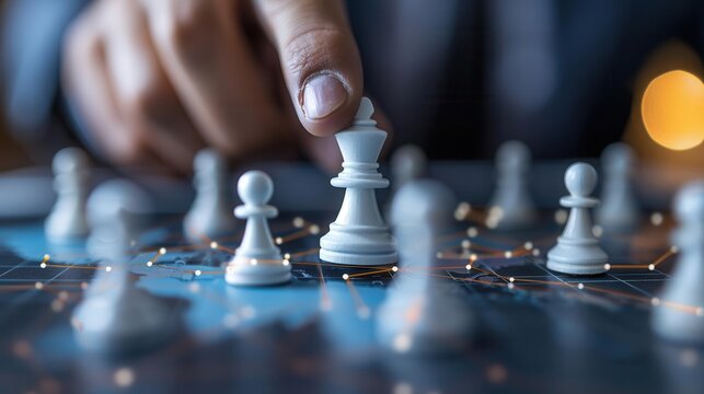 Hand moving a chess piece, strategy, leadership, business, success.