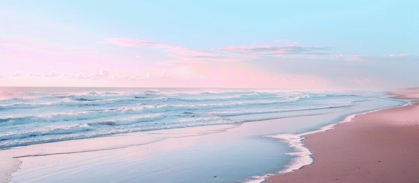 Australian coastal view with a serene beach showing a vast seascape in blue and pink hues with low tides gently washing onto the shore depicting a peaceful atmosphere Copy space image
