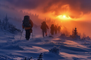 A rope party trekking across a snow field in the mountains through fog, towards the rising sun