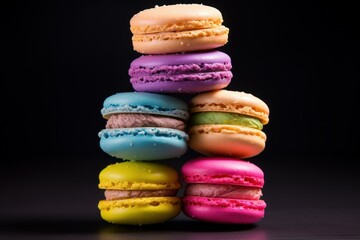 Enticing stack of brightly colored macarons against a dark backdrop, perfect for culinary themes