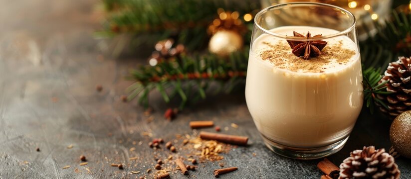 Homemade Christmas eggnog a traditional festive drink enjoyed globally is known by various names like Auld Man s milk coquito and Eierlikor often garnished with nutmeg with copy space image