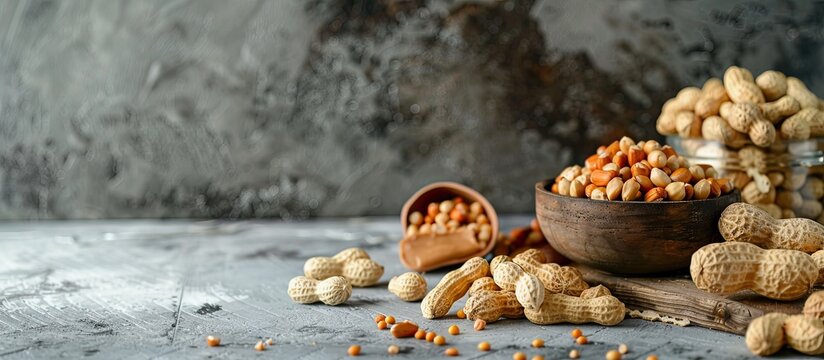 Wooden table displaying peanuts and peanut butter against a gray backdrop providing ample copy space image