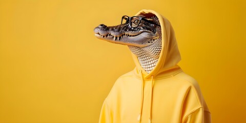Obraz premium A creatively posed stylish crocodile in a yellow hoodie and glasses. Concept Fashion Photoshoot, Creative Concept, Stylish Crocodile, Yellow Hoodie, Playful Poses