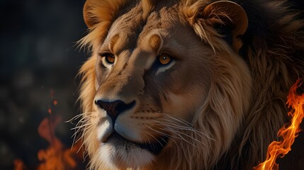 Fototapeta premium Portrait of a Fire Lion,lion artwork, fantasy beast, mythical lion, flaming creature, digital illustration 