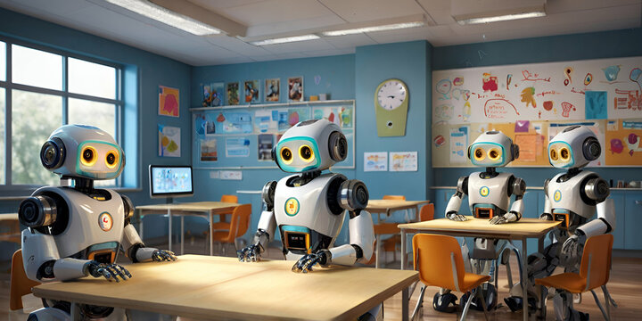 AI-Powered Robots Teaching Children in Classroom