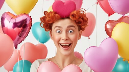 A woman wearing a pink and red wig and a pink and red hat is surrounded by many pink and yellow balloons