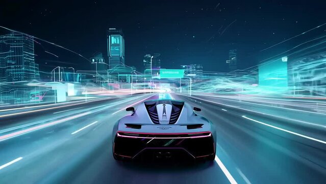 Futuristic cityscape with speeding sports car on neon-lit street