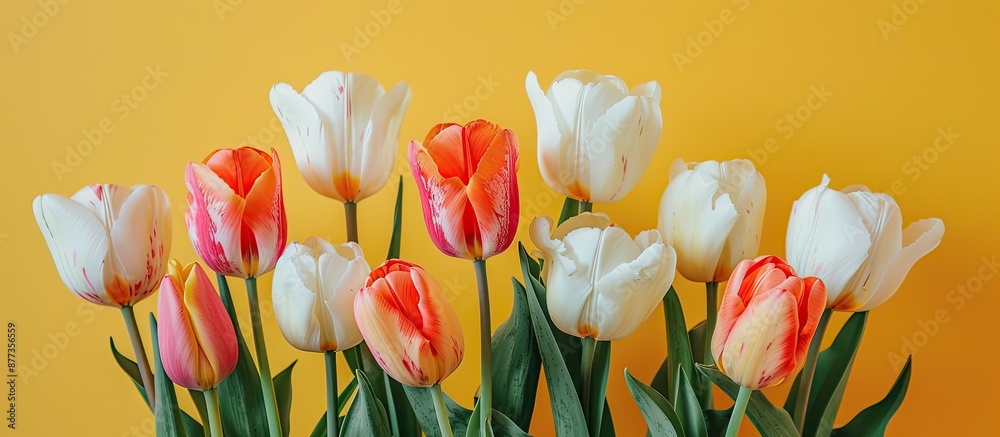 Sticker Close up shot of white orange and pink tulips against a yellow backdrop with copy space image