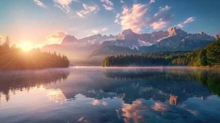 Impressive summer sunrise on Eibsee lake with Zugspitze mountain range. Sunny outdoor scene in German Alps, Bavaria, Germany, Europe. Beauty of nature concept background 