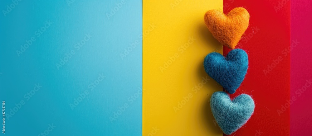 Wall mural top view of heart shaped felt decorations on a colorful backdrop creating a charming copy space imag