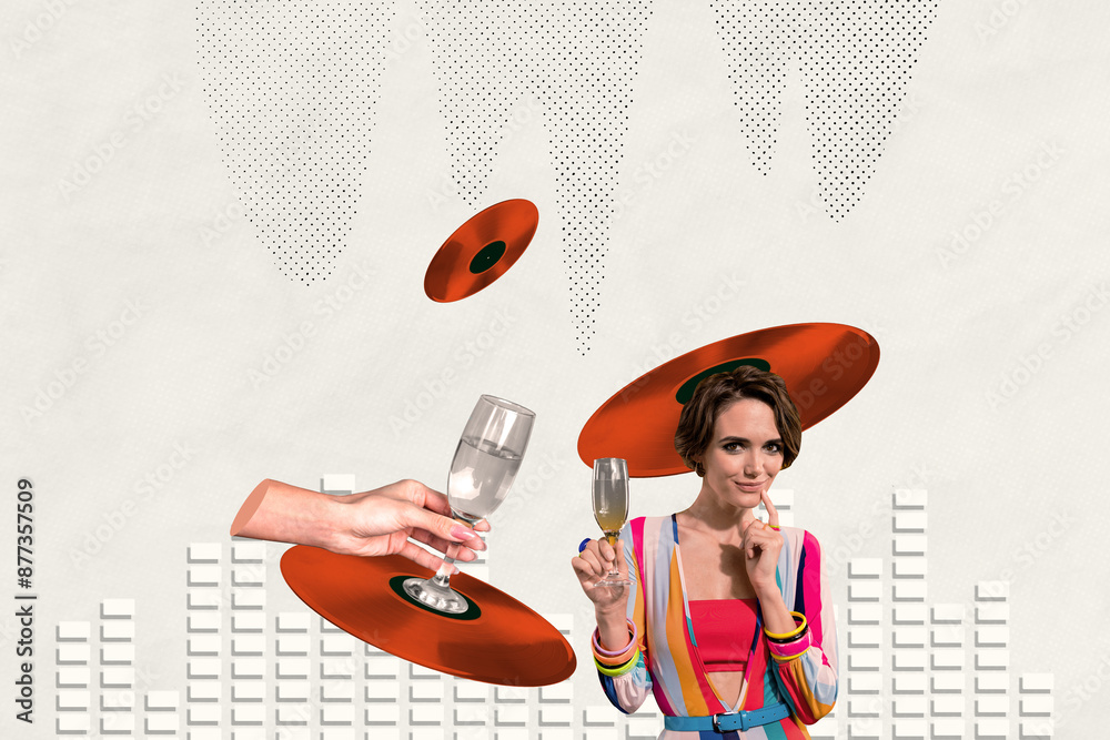 Poster Composite photo collage of happy girl hold champagne glass drink retro disk music occasion volume toast chill isolated on painted background