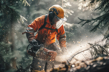 A lumberjack in winter forest, wearing protective equipment, expertly uses a chainsaw to cut down trees with precise and strong movements