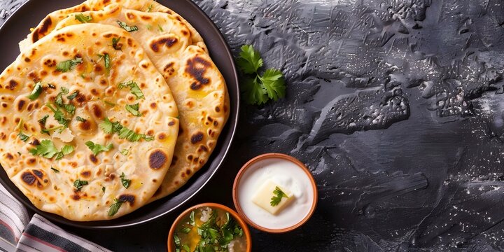 Indian aloo paratha Delicious flatbread stuffed with spiced potatoes, served with butter or curd. Concept Indian cuisine, Aloo Paratha, Stuffed bread, Spiced potatoes, Butter, Curd