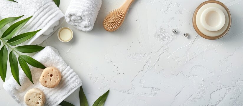Top view of bath accessories like a washcloth towel and soap arranged on a white surface with copy space image promoting daily body care with organic products