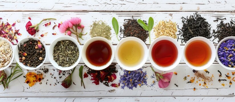 Set of various floral and herbal teas including fresh and dried organic options arranged with brewed tea cups on a white wooden table ideal for copy space image