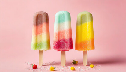 colorful ice cream popsicle on pastel pink background minimal summer composition