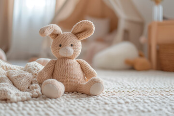 Fototapeta premium Interior of a children's room and toys, a stuffed bunny. Plush rabbit sitting.