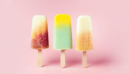 colorful ice cream popsicle on pastel pink background minimal summer composition