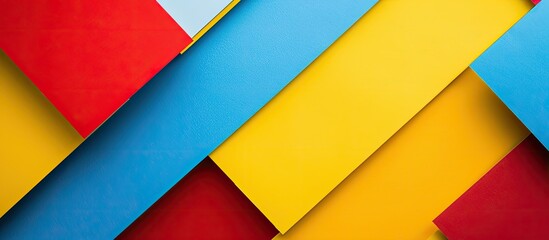 Brightly colored abstract geometric papers create a vibrant texture featuring stripes in yellow blue red and white View from the top provides a flat lay offering ample copy space image