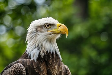 Obraz premium Majestic bald eagle is posing proudly on a blurred green background
