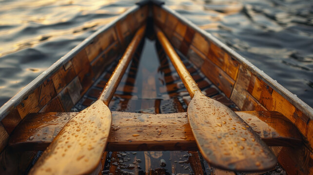 Wooden canoe paddles resting inside a canoe on a calm lake at sunset.
