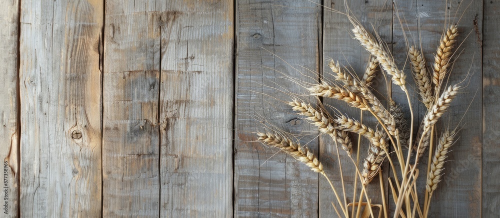 Poster Wheat stalks displayed on a rustic wooden backdrop with ample copy space image