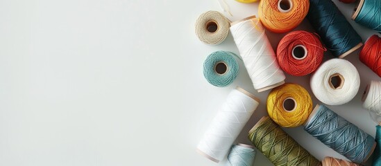 Thread reels of various colors and sizes are arranged neatly on a white background in a flat lay style with ample copy space image