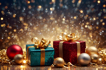 Christmas balls, gifts and lights in shiny, glittering silver and golden colors, festive, magic new year background, bokeh, template for design, greeting postcard with copy space.