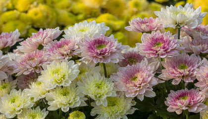 Flowers wall background with amazing red,orange,pink,purple,green and white chrysanthemum flowers ,Wedding decoration, hand made Beautiful flower wall background