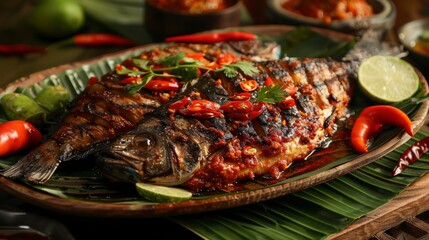 Grilled fish served with chili peppers and lime wedges on a banana leaf platter