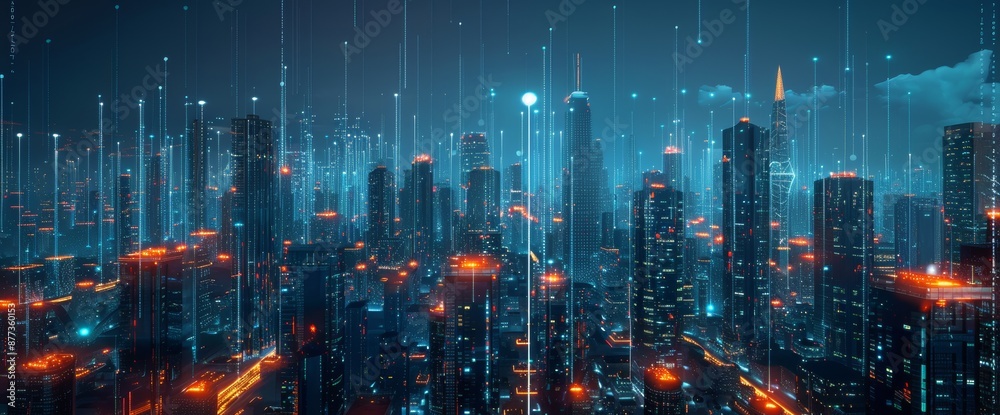 Poster concept of smart city and abstract dot point connected by gradient lines and intricate wave lines, a